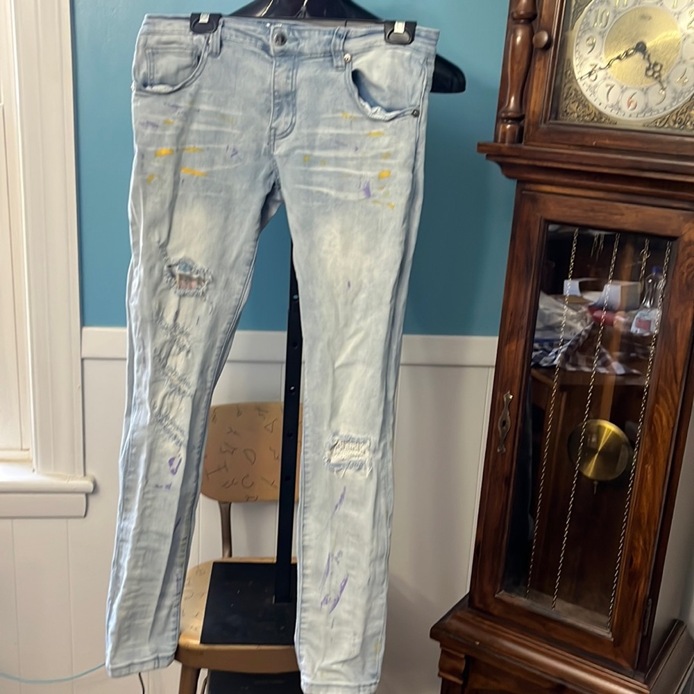 Sz 34 kilogram denim jeans, distressed, yellow/purple paint marks